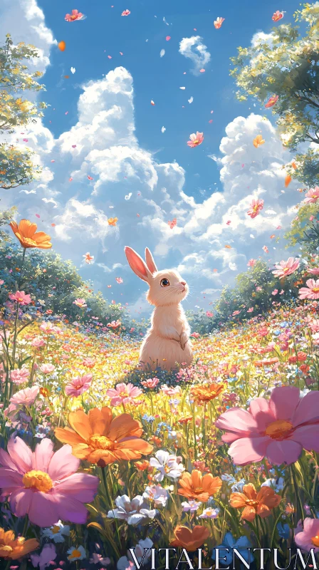 White Rabbit in a Flowered Field AI Image