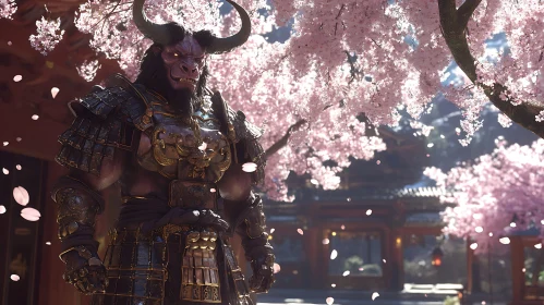 Armored Minotaur Under Blossoming Trees