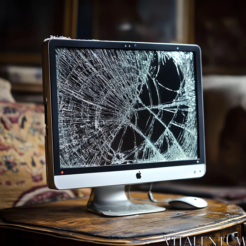 Broken Computer Screen on Desk AI Image