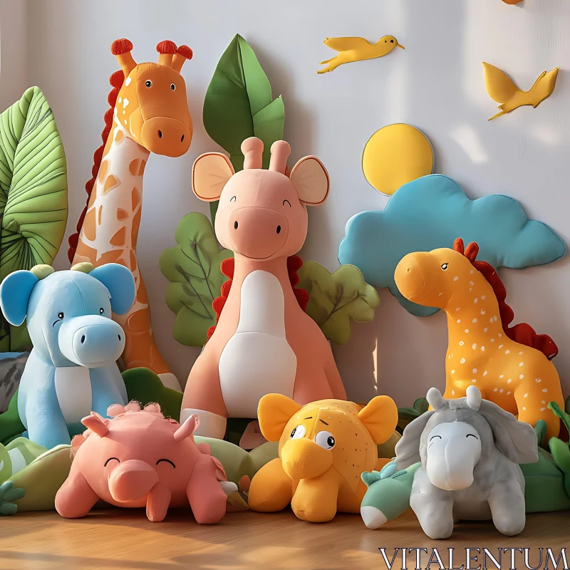 Colorful and Cute Stuffed Animals in Children’s Playroom AI Image