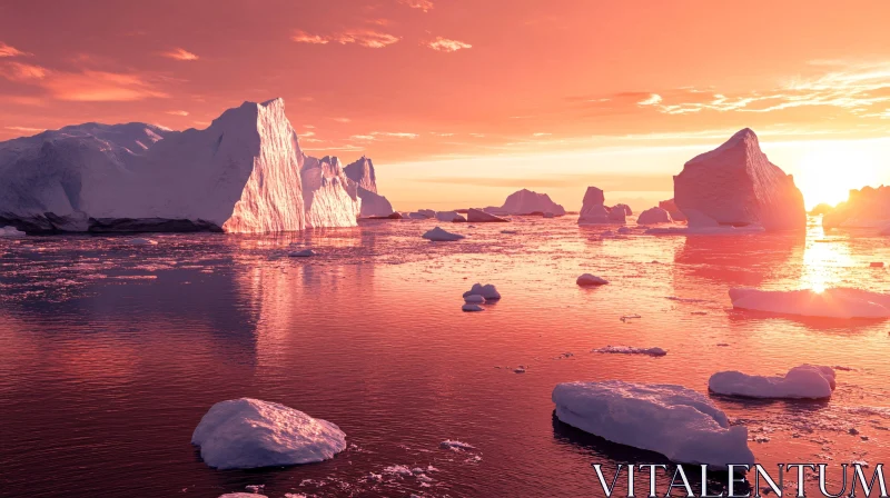 AI ART Sunset with Reflecting Icebergs in the Arctic