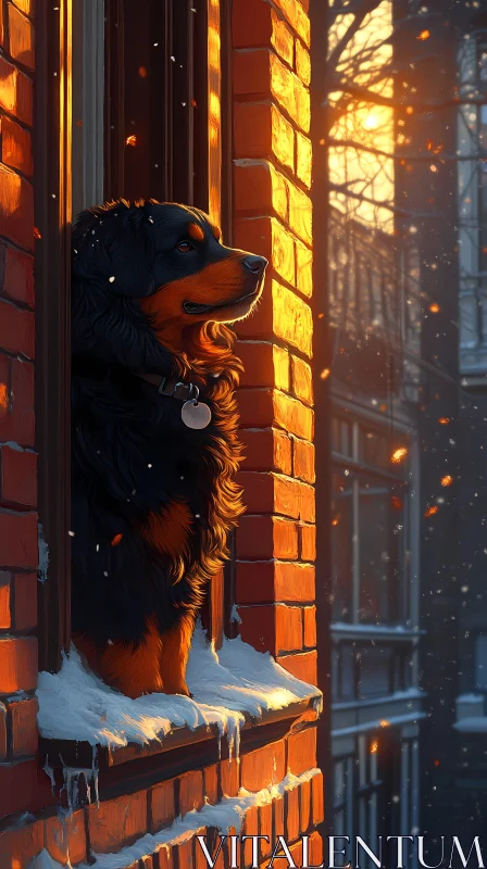 Dog Gazing from a Snowy City Window AI Image