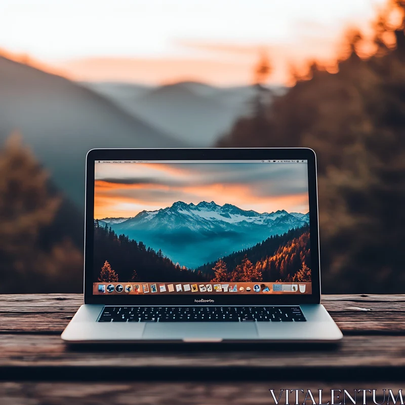 Serene Mountain View on Laptop in Outdoor Environment AI Image