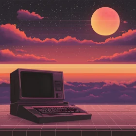 Surreal Retro Cyberpunk Scene with Vintage Computer