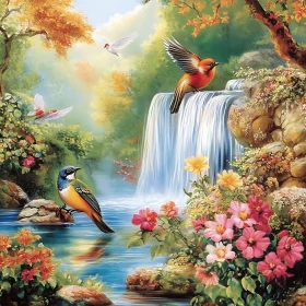 Peaceful Forest with Birds and Waterfall
