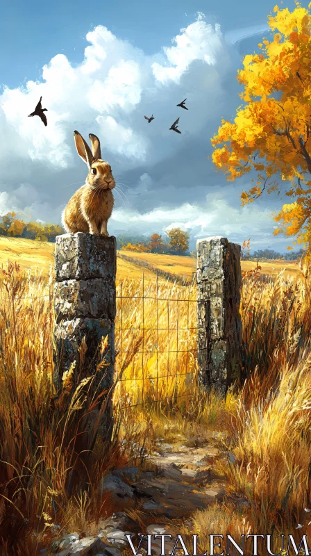 AI ART Autumn Plains with Rabbit and Birds