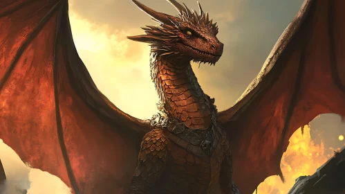 Crimson Dragon Soaring Above Flames
