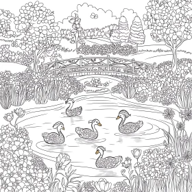 Tranquil Pond with Swans and Floral Surroundings