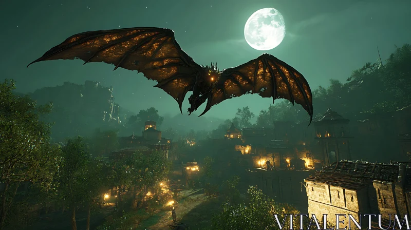 AI ART Medieval Village Dragon Night Flight