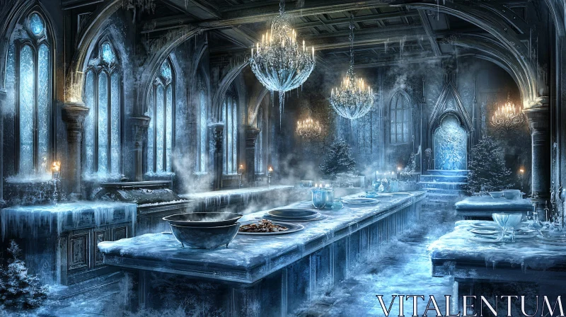 Icy Dining Hall with Chandeliers AI Image