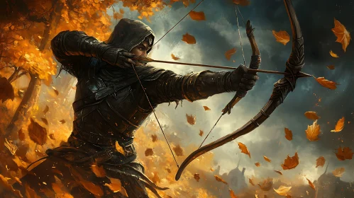 Hooded Archer in Falling Leaves