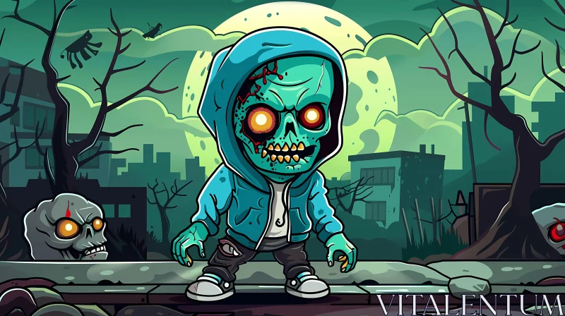 Blue Zombie Overlooking a Post-Apocalyptic City - Cartoon Illustration AI Image