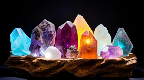 Captivating Composition of Crystals and Colored Light on Dark Wood
