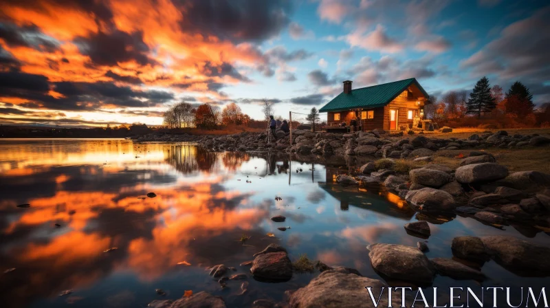 Captivating Sunset: A Picturesque House by the Lake AI Image