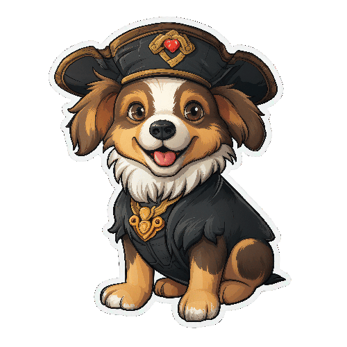 Cartoon Dog in Pirate Attire with Gold-Trimmed Cape