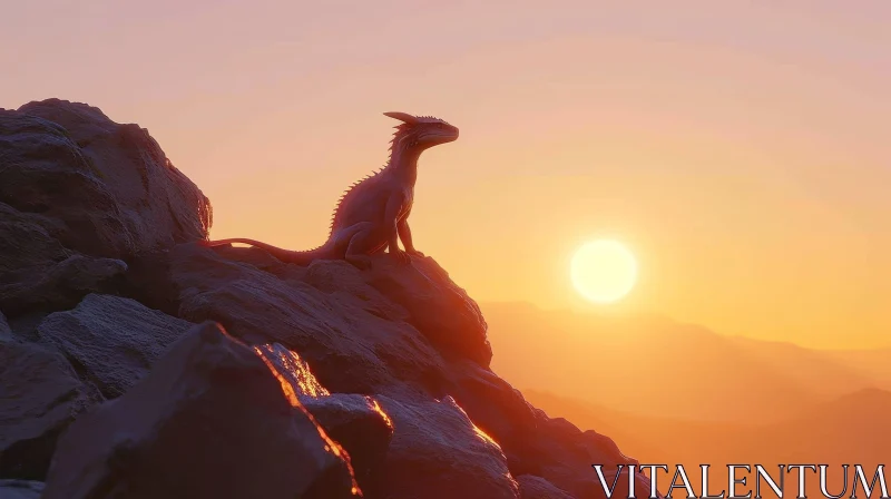 Dragon Sitting on Rock - Digital Painting with Sunset Background AI Image
