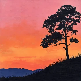 Sunset Tree Silhouette Hillside View