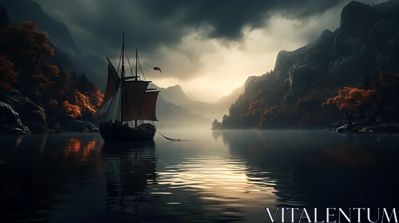 Enchanting Ship Sailing Through Mysterious Dark Waters - Captivating Nature Art AI Image