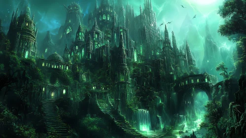 Enchanted Fortress in Emerald Light