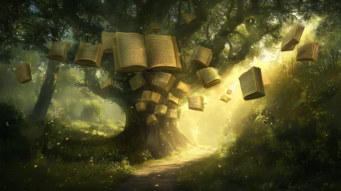 Mystical Tree of Books in Forest