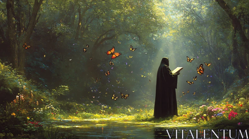 Cloaked Reader in Butterfly Glade AI Image