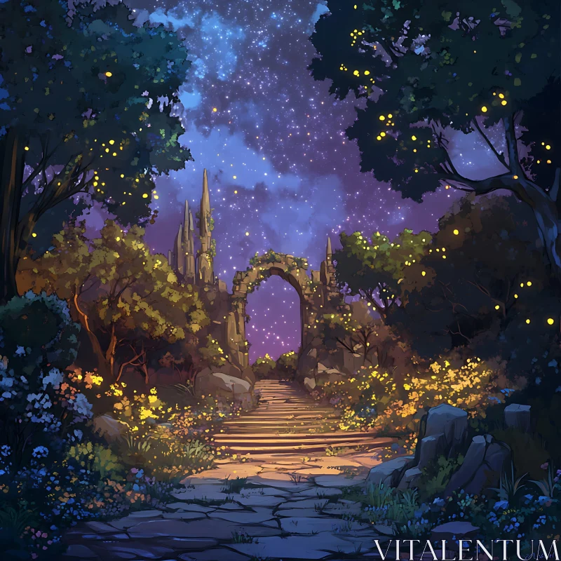 AI ART Mystical Night Garden with Stone Arch