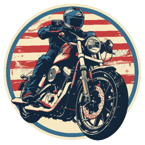 Man Riding Motorcycle with American Flag Background