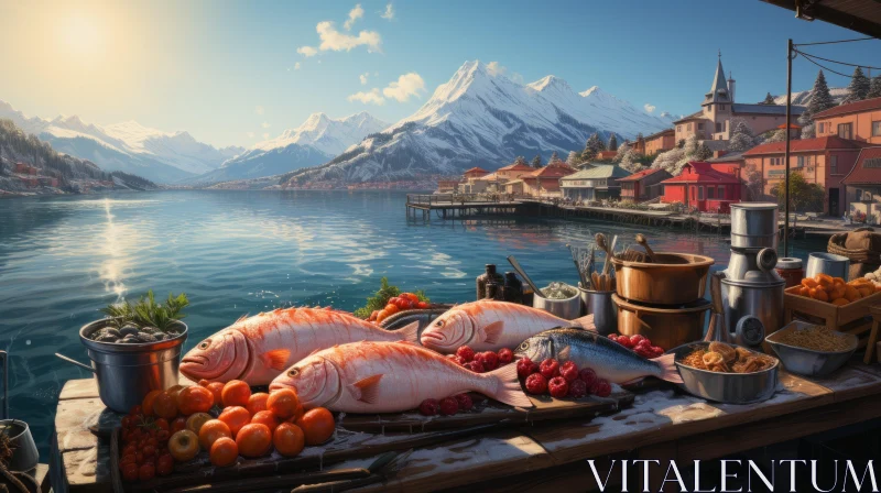 Photorealistic Depiction of a Fish Market by a Lake AI Image