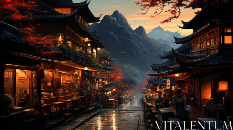 Traditional Chinese Village Amidst Mountainous Vistas - An Evening Depiction AI Image