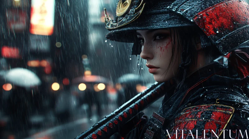 AI ART Female Samurai in Rain