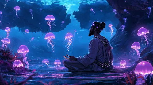 Man Meditating with Jellyfish underwater