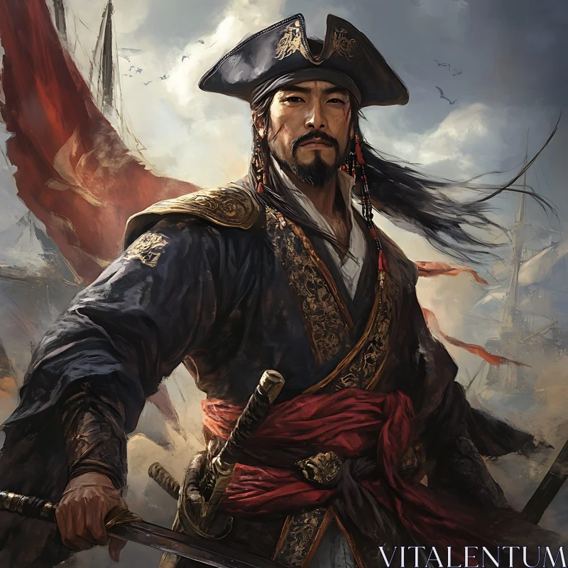 AI ART Asian Pirate with Swords on the Ship Background