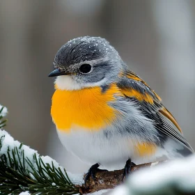 Orange chested bird perched on snowed branch