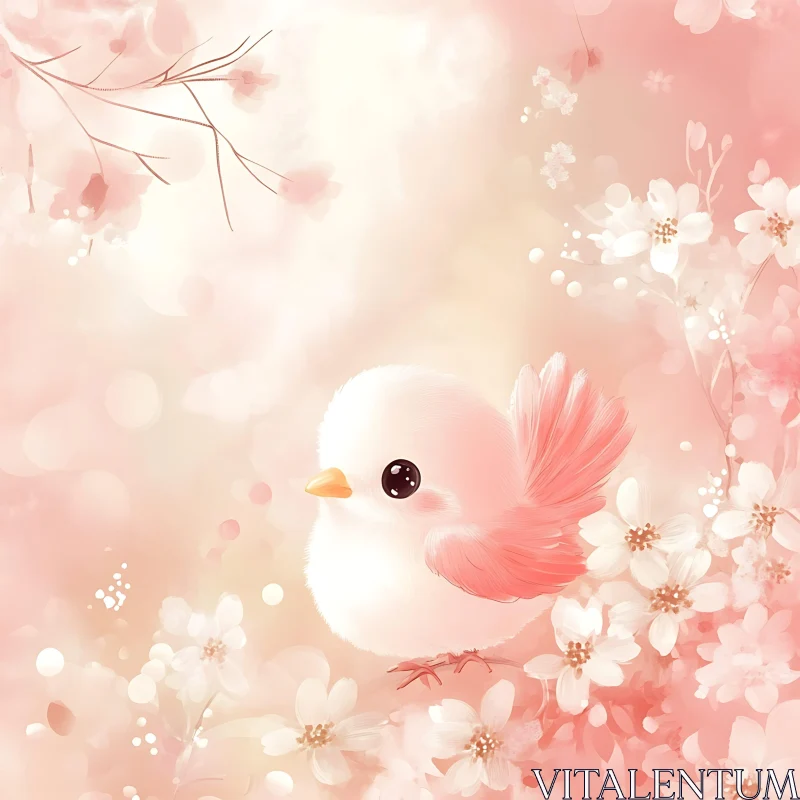 AI ART Pink Bird and Flowers Illustration