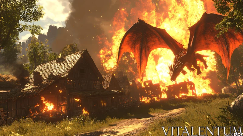 AI ART Inferno's Reign: Dragon Over Village