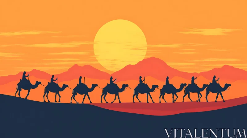 Camels in Desert at Sunset AI Image