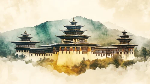 Watercolor of Bhutanese Architecture