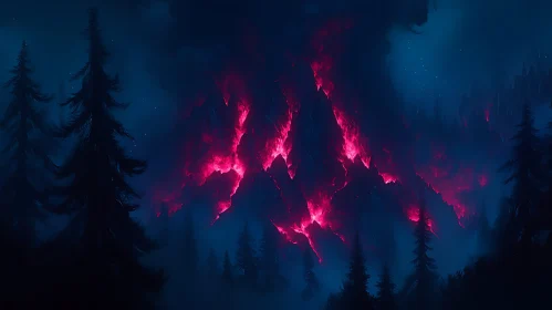Illuminated Mountains in a Dark Woodland