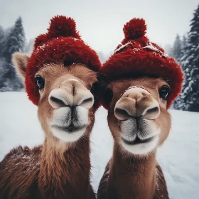 Whimsical Winter Camels with Red Hats