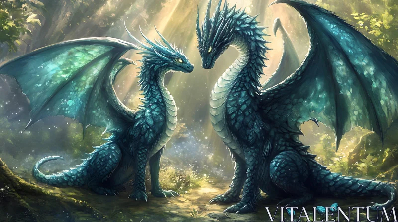 AI ART Dragon Pair in Mystical Forest Scene