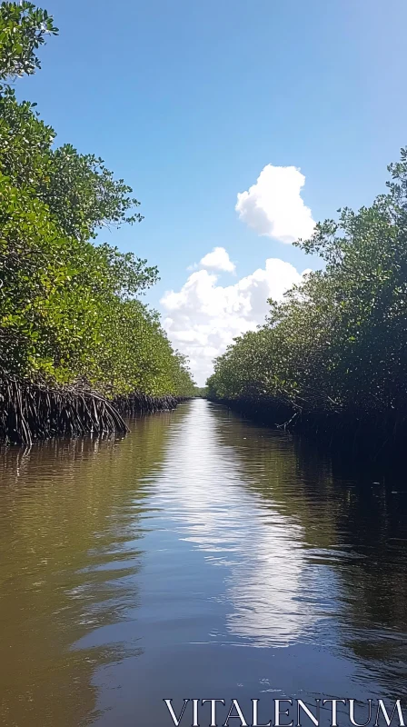 AI ART Calm Waterway with Reflective Surface in Mangrove Forest