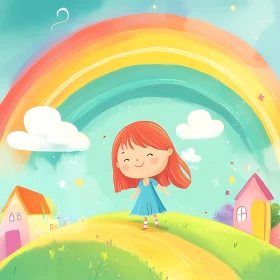 Cartoon Girl on Hill with Rainbow