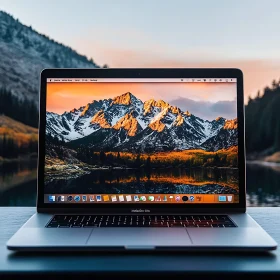 Mountain Scenery on Laptop Screen at Sunset