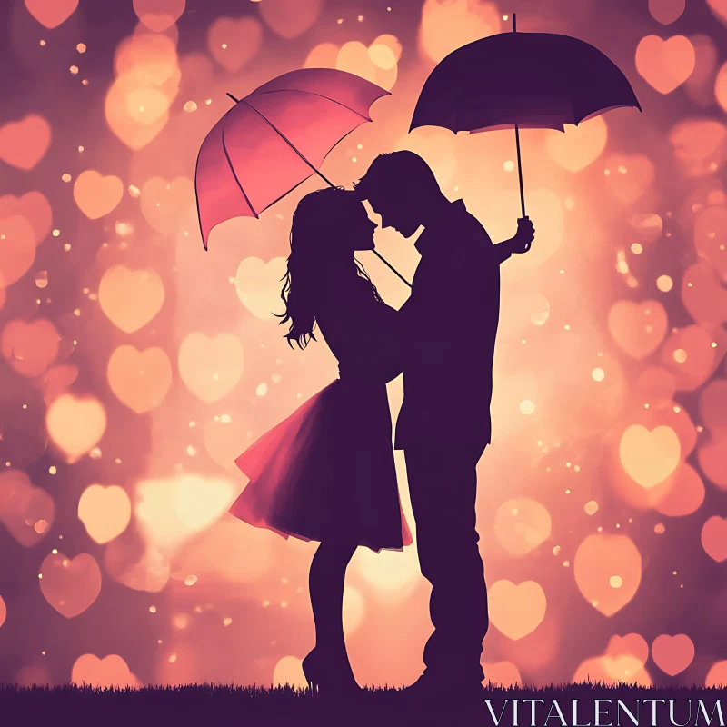 Silhouette of Lovers in the Rain of Hearts AI Image