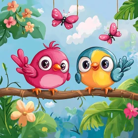 Whimsical Bird and Butterfly Illustration