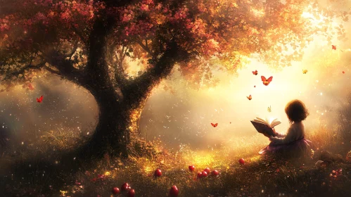 Child Reading Book With Butterflies