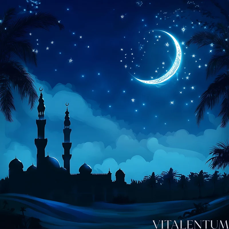 Night Scene of Mosque with Crescent Moon AI Image