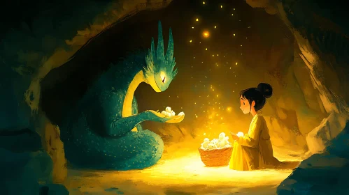 Cave Friendship: Girl and Dragon