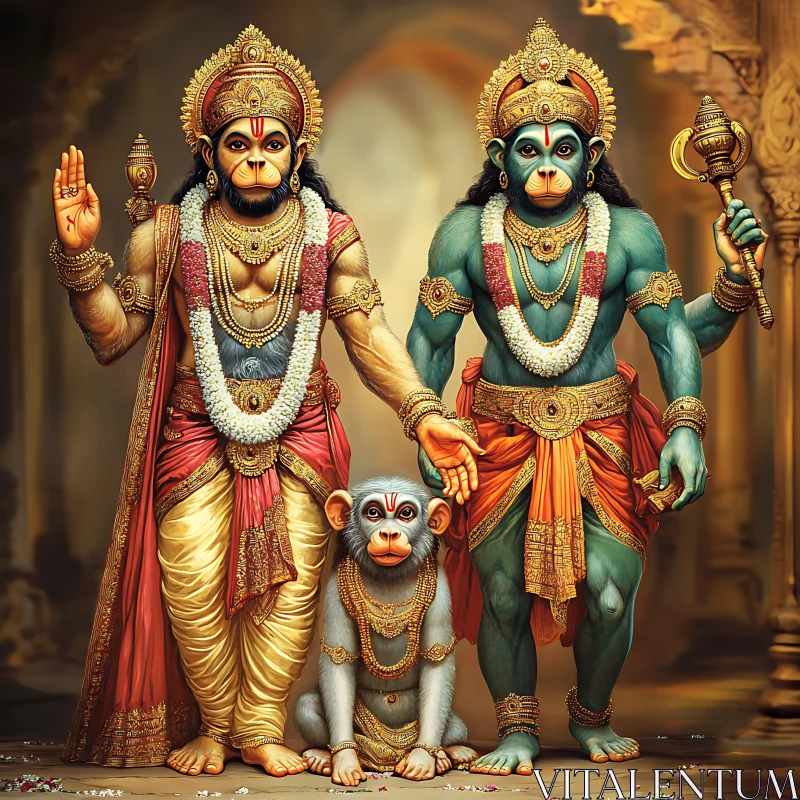 Three Monkey Gods in Royal Attire AI Image