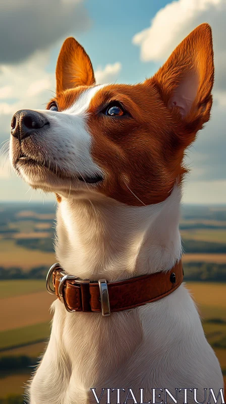 Dog Looking Upward in Scenic Fields AI Image